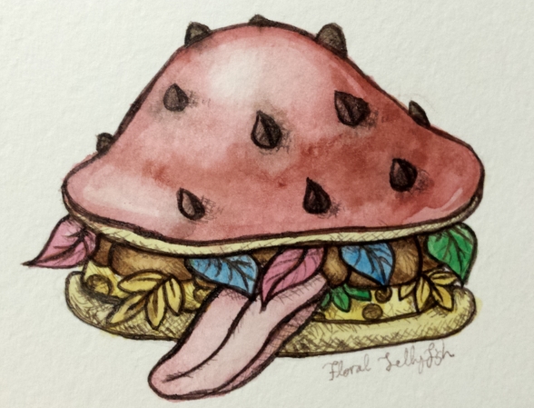 Spore Burger for Fall Feast Nov 2015 Watercolor and Sepia Ink